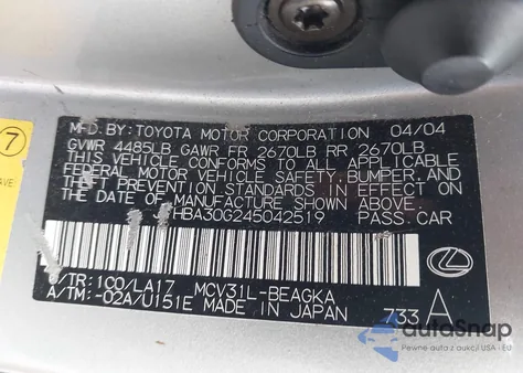 2004 Lexus Es 330 from USA, damaged, VIN JTHBA30G245042519